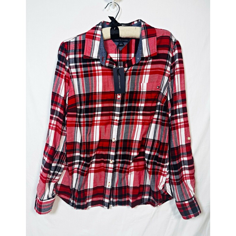 NWT Tommy Hilfiger Women’s M Red White Blue Plaid Cotton Button-Down Shirt L/S